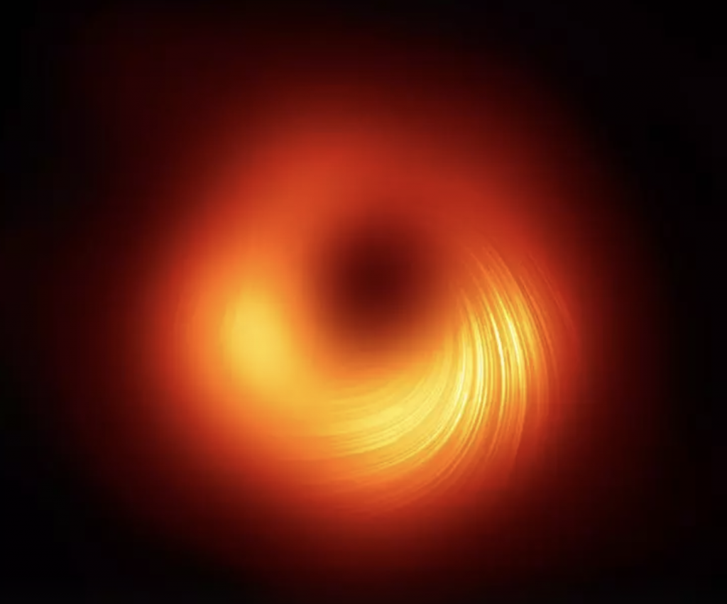 The polarised view of the black hole in M87. The lines mark the orientation of polarisation, which is related to the magnetic field around the shadow of the black hole (photo credit: EHT collaboration)