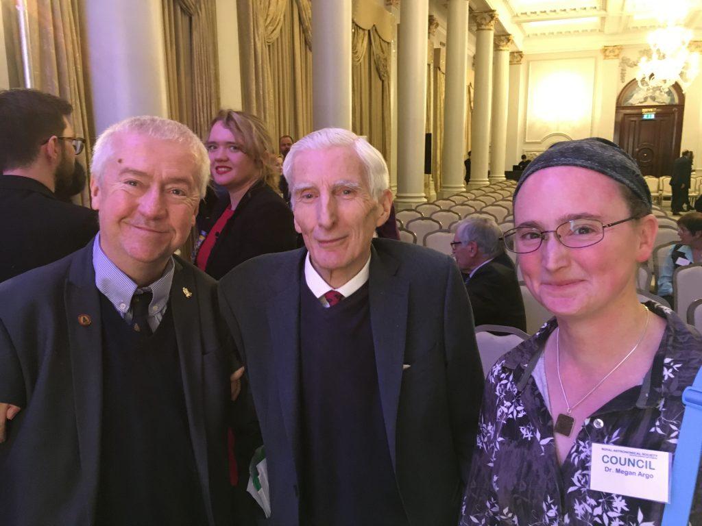 Two JHI staff members with the Astronomer Royal
